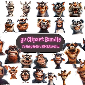 Grinning Animals Clipart Bundle, Funny Animals Collection PNG