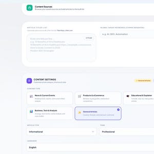 Puede incluir: Una interfaz de software titulada Architect SEO Core AI con una barra lateral azul oscuro que incluye opciones de navegaci&oacute;n como My Articles y Bulk Engine. El panel principal muestra configuraciones de contenido y palabras clave.