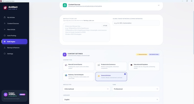 Puede incluir: Una interfaz de software titulada Architect SEO Core AI con una barra lateral azul oscuro que incluye opciones de navegaci&oacute;n como My Articles y Bulk Engine. El panel principal muestra configuraciones de contenido y palabras clave.