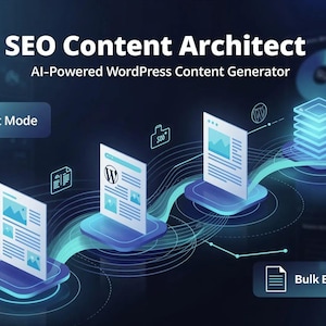Puede incluir: Un gr&aacute;fico digital titulado SEO Content Architect AI-Powered WordPress Content Generator con fondo azul oscuro, l&iacute;neas azul claro brillantes, iconos de documentos, una pila de datos y botones de Auto-Pilot Mode y Bulk Engine Generator.