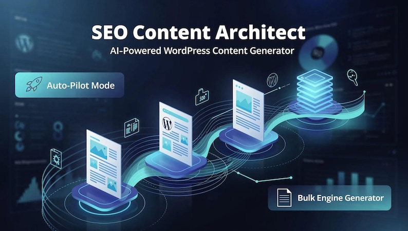 Puede incluir: Un gr&aacute;fico digital titulado SEO Content Architect AI-Powered WordPress Content Generator con fondo azul oscuro, l&iacute;neas azul claro brillantes, iconos de documentos, una pila de datos y botones de Auto-Pilot Mode y Bulk Engine Generator.
