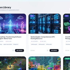 Puede incluir: Una interfaz de software titulada Articles Library que muestra una cuadr&iacute;cula de tarjetas de art&iacute;culos con miniaturas, t&iacute;tulos como CLI-Anything, Vpnhostinglist y SmartNode, etiquetas de estado DRAFT o PUBLISHED y botones con la etiqueta EDIT ARTICLE.