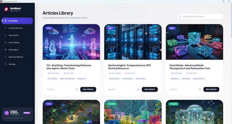 Puede incluir: Una interfaz de software titulada Articles Library que muestra una cuadr&iacute;cula de tarjetas de art&iacute;culos con miniaturas, t&iacute;tulos como CLI-Anything, Vpnhostinglist y SmartNode, etiquetas de estado DRAFT o PUBLISHED y botones con la etiqueta EDIT ARTICLE.