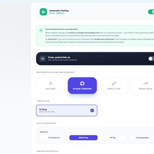 Puede incluir: Una interfaz de software titulada Architect SEO Core AI que presenta una barra lateral oscura con opciones de navegaci&oacute;n y un panel principal claro que muestra una secci&oacute;n de publicaci&oacute;n autom&aacute;tica, ajustes de estrategia y configuraciones.