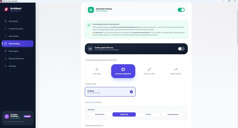 Puede incluir: Una interfaz de software titulada Architect SEO Core AI que presenta una barra lateral oscura con opciones de navegaci&oacute;n y un panel principal claro que muestra una secci&oacute;n de publicaci&oacute;n autom&aacute;tica, ajustes de estrategia y configuraciones.