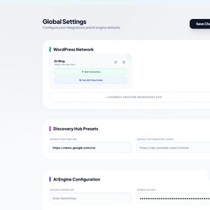 Puede incluir: Una interfaz de software titulada Global Settings con una barra lateral oscura que incluye iconos de navegaci&oacute;n y etiquetas como My Articles, Content Sources y Settings. El &aacute;rea principal muestra secciones para WordPress Network, Discovery Hub Presets y AI Engine Configuration con campos de entrada y un bot&oacute;n Save Changes.