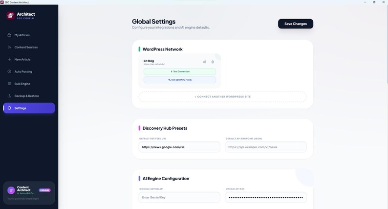 Puede incluir: Una interfaz de software titulada Global Settings con una barra lateral oscura que incluye iconos de navegaci&oacute;n y etiquetas como My Articles, Content Sources y Settings. El &aacute;rea principal muestra secciones para WordPress Network, Discovery Hub Presets y AI Engine Configuration con campos de entrada y un bot&oacute;n Save Changes.