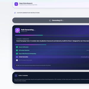 Puede incluir: Una interfaz de software titulada Architect SEO Core AI con una barra lateral oscura con iconos de navegaci&oacute;n y un panel central de generaci&oacute;n masiva. El panel muestra una barra de progreso al 33 por ciento con texto sobre herramientas.