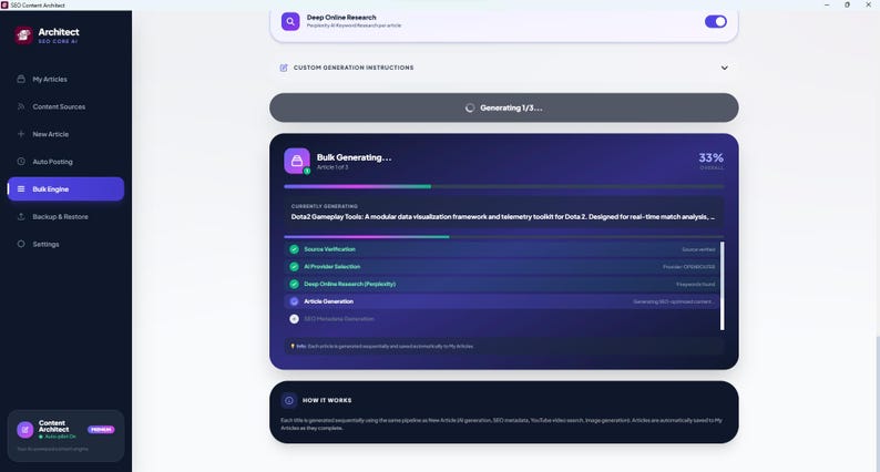 Puede incluir: Una interfaz de software titulada Architect SEO Core AI con una barra lateral oscura con iconos de navegaci&oacute;n y un panel central de generaci&oacute;n masiva. El panel muestra una barra de progreso al 33 por ciento con texto sobre herramientas.