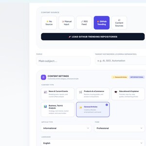 Puede incluir: Una interfaz de software titulada Architect SEO CORE AI que presenta una barra lateral oscura con opciones de navegaci&oacute;n y un panel principal de color claro. La pantalla muestra la selecci&oacute;n de fuentes, campos de entrada y ajustes de contenido.