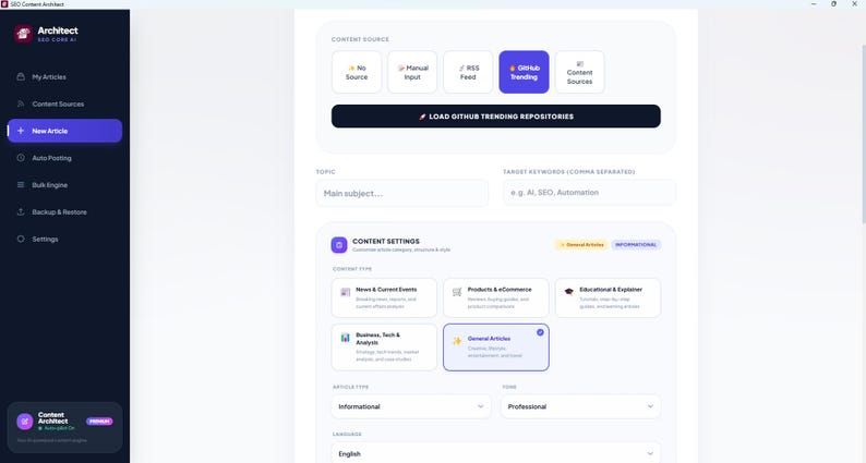 Puede incluir: Una interfaz de software titulada Architect SEO CORE AI que presenta una barra lateral oscura con opciones de navegaci&oacute;n y un panel principal de color claro. La pantalla muestra la selecci&oacute;n de fuentes, campos de entrada y ajustes de contenido.