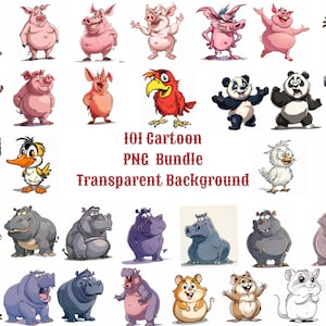 Comic Cartoon Animals and Birds Bundle. Collection of 101 cartoon characters. Transparent Background
