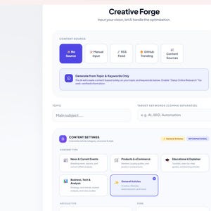 Puede incluir: Una interfaz de software titulada Creative Forge que presenta una secci&oacute;n de fuente de contenido con iconos para entrada manual, feed RSS, tendencias de GitHub y fuentes de contenido. Debajo, la configuraci&oacute;n de contenido muestra opciones.
