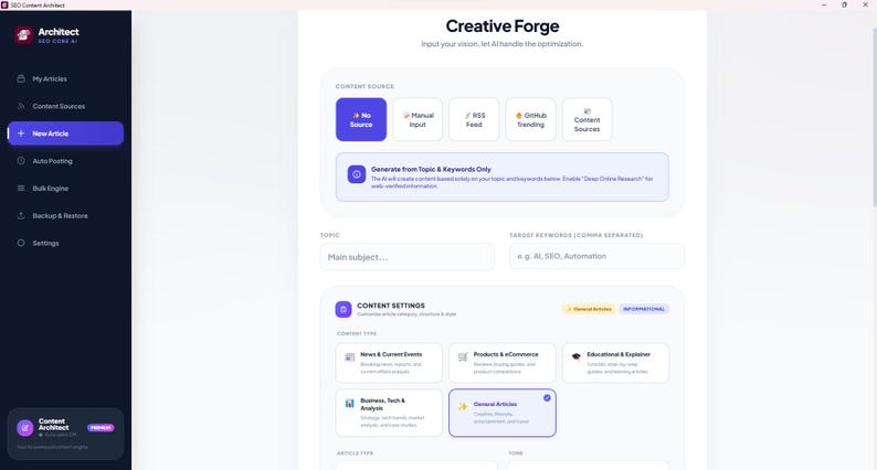 Puede incluir: Una interfaz de software titulada Creative Forge que presenta una secci&oacute;n de fuente de contenido con iconos para entrada manual, feed RSS, tendencias de GitHub y fuentes de contenido. Debajo, la configuraci&oacute;n de contenido muestra opciones.