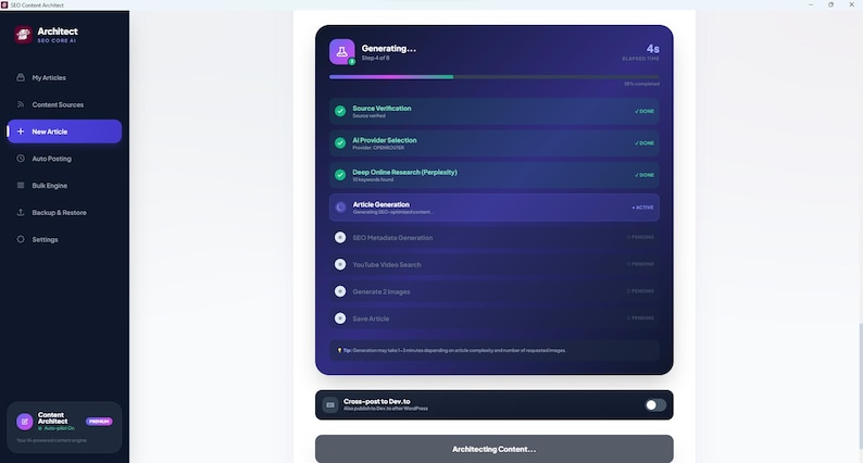 Puede incluir: Una interfaz de software de color morado oscuro titulada Architect SEO Content AI. La pantalla muestra una barra de progreso para la generaci&oacute;n de contenido, enumerando pasos como Source Verification, AI Provider Selection y Article Generation con marcas de verificaci&oacute;n.