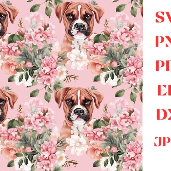 Boxer Dog Floral Pattern Pink Theme - Digital Paper - Seamless Pattern SVG - Comercial use