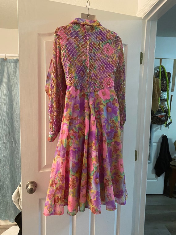 Chiffon Sequin Dress 70s Pink Green Violet Empire… - image 4