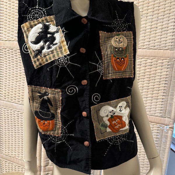 VTG Halloween Vest XL Womens Unisex Corduroy Witch Black Vest Ghost