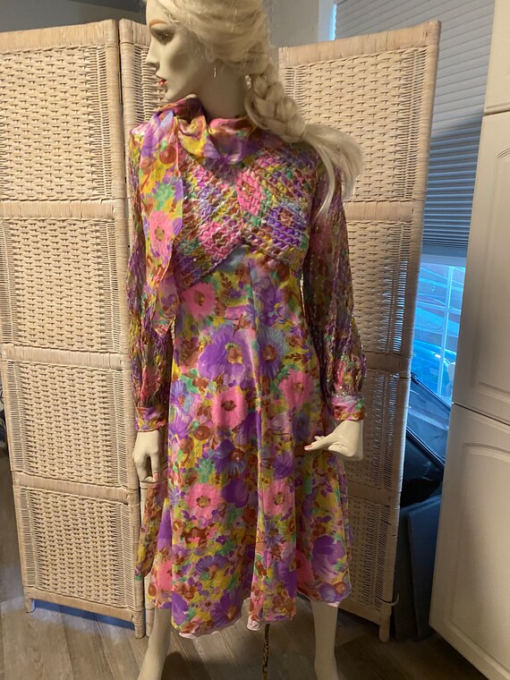 Chiffon Sequin Dress 70s Pink Green Violet Empire… - image 10