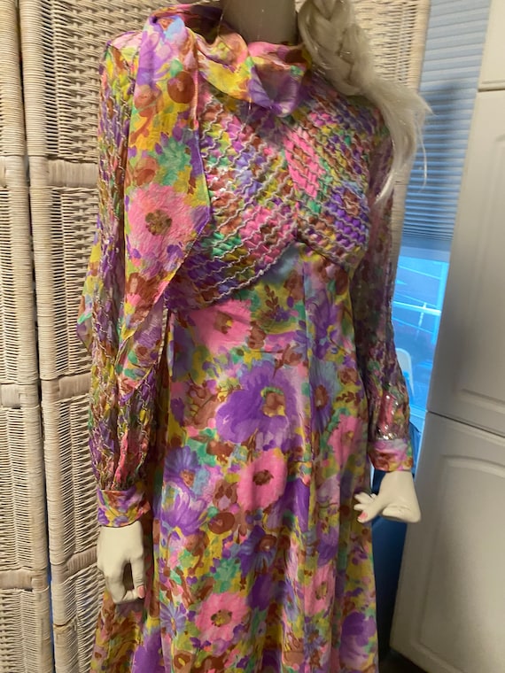 Chiffon Sequin Dress 70s Pink Green Violet Empire… - image 1