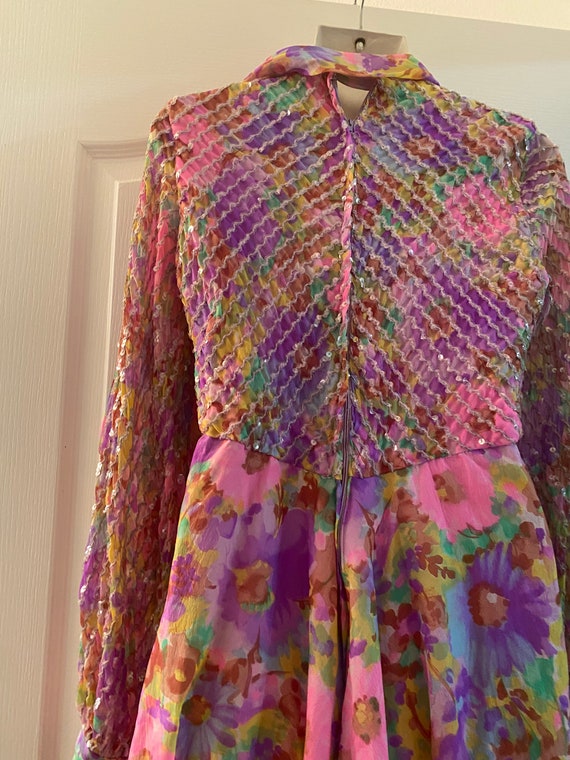 Chiffon Sequin Dress 70s Pink Green Violet Empire… - image 3