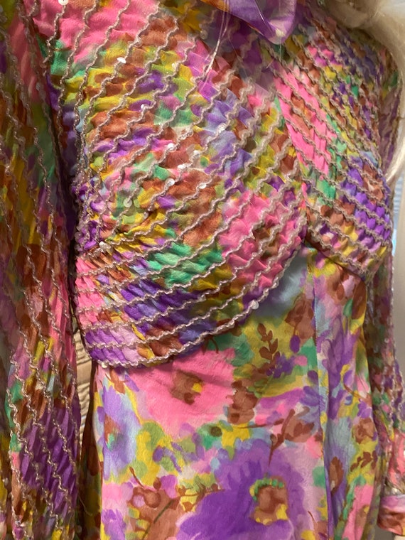 Chiffon Sequin Dress 70s Pink Green Violet Empire… - image 8