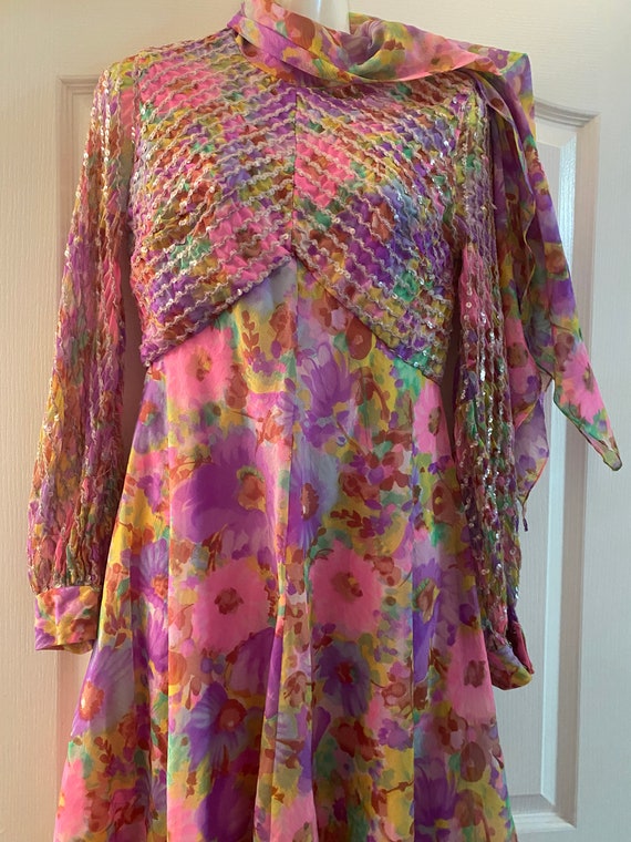 Chiffon Sequin Dress 70s Pink Green Violet Empire… - image 7