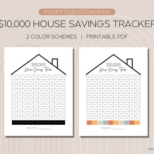 May include: Printable $10,000 house savings tracker with two color schemes. The tracker is designed as a house with a grid of 100 squares. Each square represents $100. The tracker includes a space for a goal date.