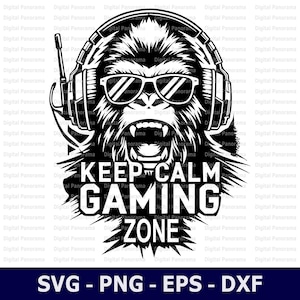 Puede incluir: Ilustración en blanco y negro de un gorila con auriculares y gafas de sol con el texto "Keep Calm Gaming Zone".