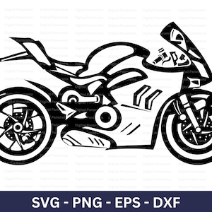 May include: Black and white silhouette of a motorcycle with a sleek, modern design. The motorcycle has a large front wheel and a smaller rear wheel. The motorcycle is facing to the right.