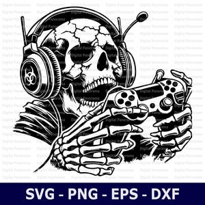 Puede incluir: Ilustración en blanco y negro de una calavera con auriculares y sosteniendo un mando de videojuego. La calavera tiene una mano esquelética sosteniendo el mando.