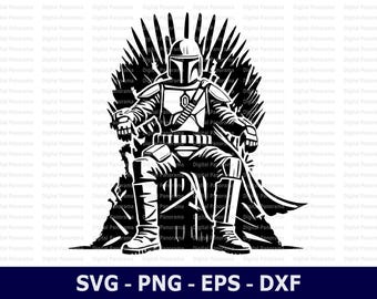 May include: A black and white illustration of a Star Wars character sitting on a throne. The character is wearing a helmet and armor. The throne is decorated with spikes.