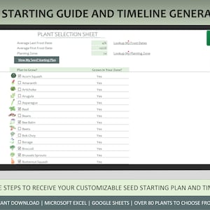 May include: A computer screen displaying a green and white spreadsheet with the title "Seed Starting Guide and Timeline Generator". The spreadsheet includes a plant selection sheet with a list of vegetables and a column titled "Grows in Your Zone?" with checkboxes. The spreadsheet is labeled "Instant Download | Microsoft Excel | Google Sheets | Over 80 Plants to Choose From."