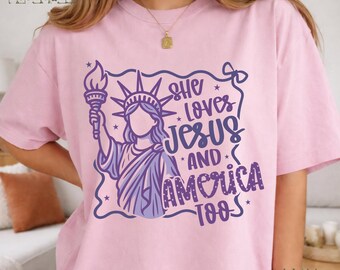 She Loves Jesus and America Too Liberty 4th of July Patriotic USA Retro 1776 Independence Day Comfort Colors 250 Anniversary Adult tee 4