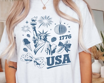 The Liberty Doodle Tee, 4th of July Coquette Patriotic Bow USA Retro 1776 Independence Day Comfort Colors 250 Anniversary Adult tee 5
