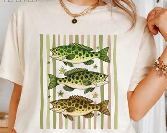 Retro Bass Fishing Graphic Tee, Vintage 90s Style Earth tone striped Bass T-shirt, Outdoorsman Angler Gift Shirt 11