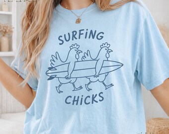 Surfing Chicks Comfort Colors Shirt, Retro Beach Rooster Tee, Beach Day Funny Summer Surf Shirt 14