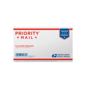 May include: A white Priority Mail flat rate envelope with red and blue text and a blue star. The text reads "PRIORITY MAIL" and "FLAT RATE ENVELOPE". The envelope also has a blue and red "TRACKED INSURED" label with three stars.