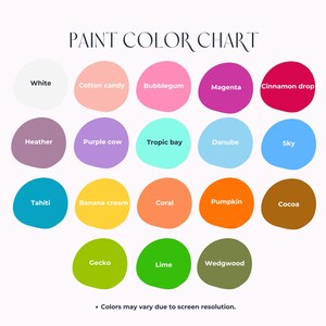 May include: A paint color chart with 15 different color swatches. The colors are: white, cotton candy, bubblegum, magenta, cinnamon drop, heather, purple cow, tropic bay, danube, sky, tahiti, banana cream, coral, pumpkin, cocoa, gecko, lime, and wedgwood. The text "PAINT COLOR CHART" is at the top of the chart.