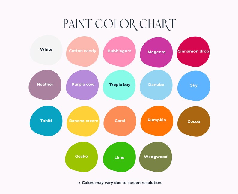 May include: A paint color chart with 15 different color swatches. The colors are: white, cotton candy, bubblegum, magenta, cinnamon drop, heather, purple cow, tropic bay, danube, sky, tahiti, banana cream, coral, pumpkin, cocoa, gecko, lime, and wedgwood. The text "PAINT COLOR CHART" is at the top of the chart.
