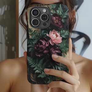 Dark Moody Peonies Phone Case: Victorian Botanical Art Tough Cover