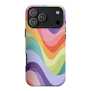 Retro Rainbow Wave Phone Case Colorful Groovy 70s Wavy Tough Cover Boho Abstract Design