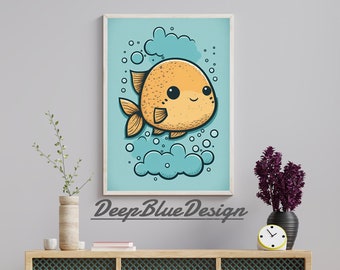 Cartoon Fish Wall Art, Cute Baby Fish Downloadable Print, Nursery Gift