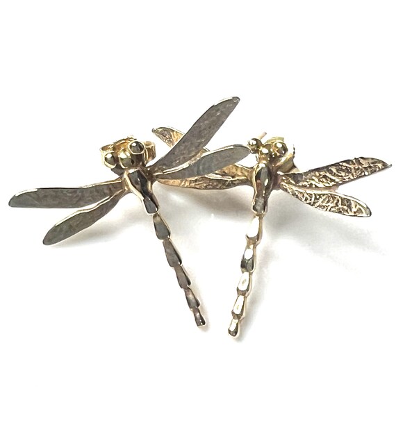 Solid 14k Gold Dragonfly Earrings - image 1