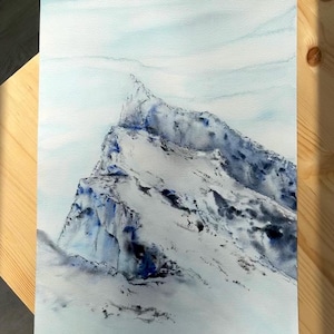 Tableau montagne enneigée, chaîne de montagnes, tableau scène d'hiver, aquarelle originale faite main, art nature hivernal, 26 x 36 cm (10 x 14 po.)