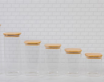 Bamboo Glass Jars/ Dishwasher Safe/ Easy to use/ Airtight/ Food Safe/ Modern Look/ Pantry Jars - Square
