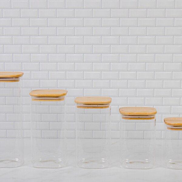 Bamboo Glass Jars/ Dishwasher Safe/ Easy to use/ Airtight/ Food Safe/ Modern Look/ Pantry Jars - Square