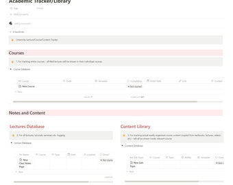 May include: A screenshot of a computer screen showing a program for tracking academic courses, lectures, and content. The program is called "Academic Tracker/Library" and has sections for courses, notes and content, lectures database, and content library.