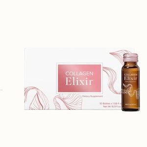 May include: A box of Collagen Elixir dietary supplement with 10 bottles, each containing 1.69 fluid ounces. The box is white with a pink and white floral design and the text "COLLAGEN Elixir" in black. The bottle is brown glass with a pink cap and the text "COLLAGEN Elixir" in black.