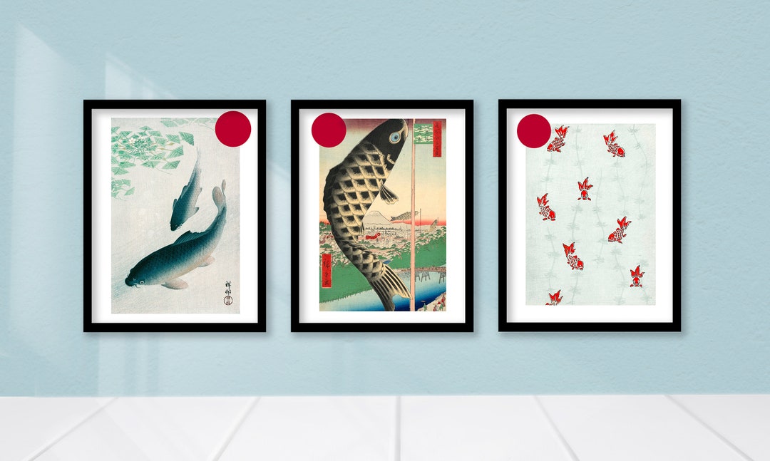 SET of 3 Koi Fish of Japan Original Japanese Paintings Asian Wall Art